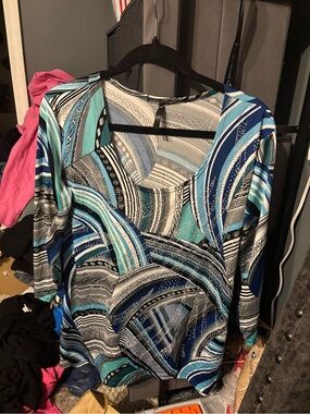 Forever Jade Blue & Teal Abstract Print Long Sleeve Top XL